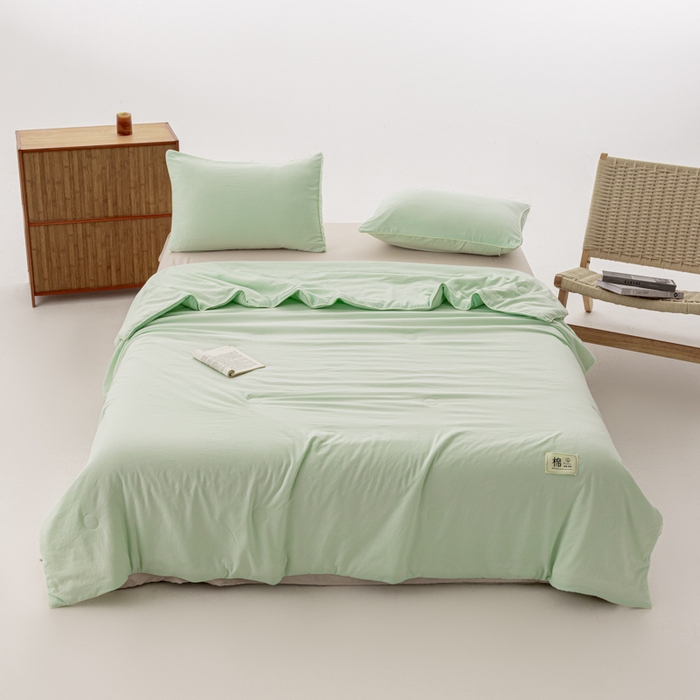 91家纺网 家纺一手货源 找家纺 迪梵家纺 2026新款A类无印风水洗棉格子纯色夏凉被大豆夏被空调被薄被（带买家秀） 清新绿