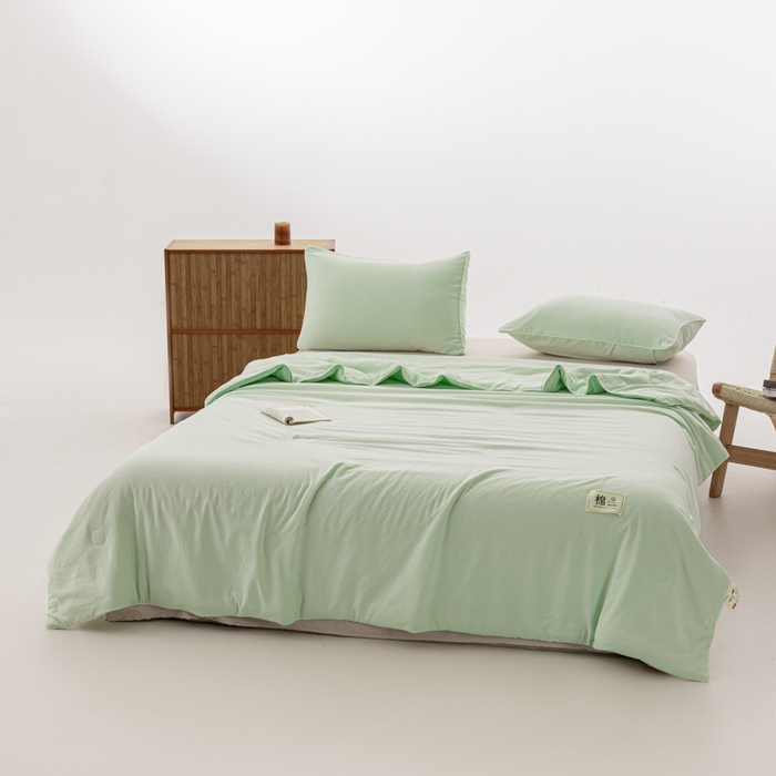 91家纺网 家纺一手货源 找家纺 迪梵家纺 2026新款A类无印风水洗棉格子纯色夏凉被大豆夏被空调被薄被（带买家秀） 清新绿