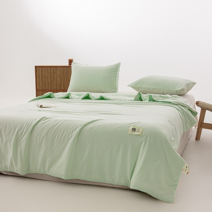 91家纺网 家纺一手货源 找家纺 迪梵家纺 2026新款A类无印风水洗棉格子纯色夏凉被大豆夏被空调被薄被（带买家秀） 清新绿