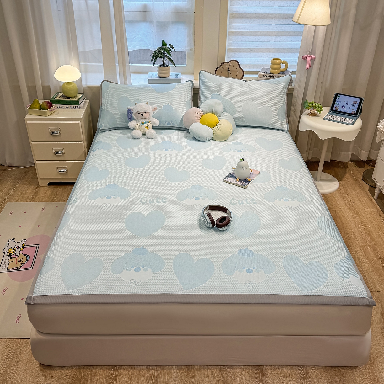 91家纺网 家纺一手货源 找家纺 眠势力 2026新款冰豆豆凉席三件套夏季冷感可机洗冰丝席软席子条席款 爱心狗-兰