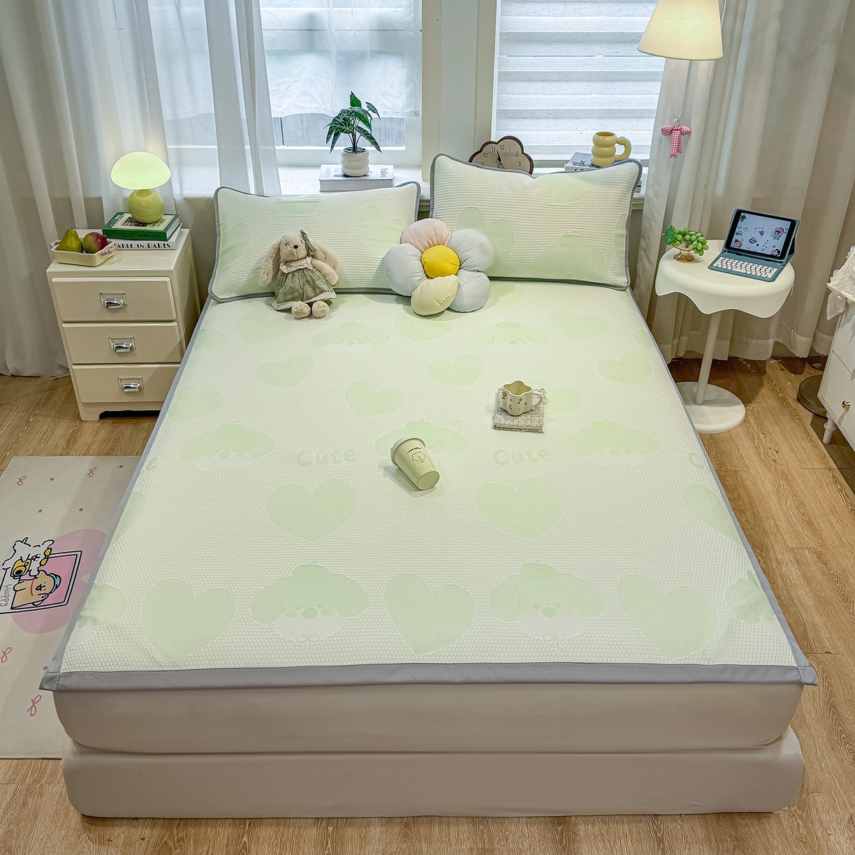 91家纺网 家纺一手货源 找家纺 眠势力 2026新款冰豆豆凉席三件套夏季冷感可机洗冰丝席软席子条席款 爱心狗-绿