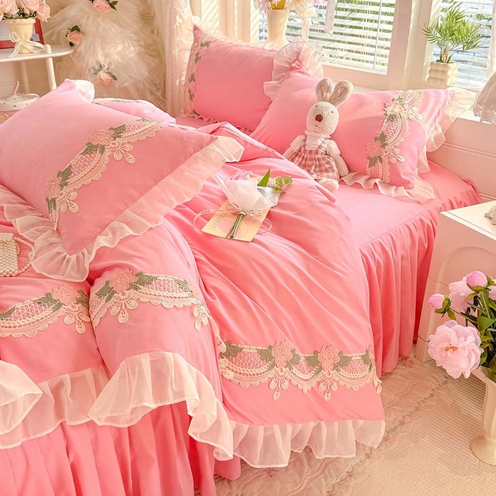 91家纺网 家纺一手货源 找家纺 后庭寝室 2026新款水溶花边床裙四件套-爱恋系列 爱恋-粉