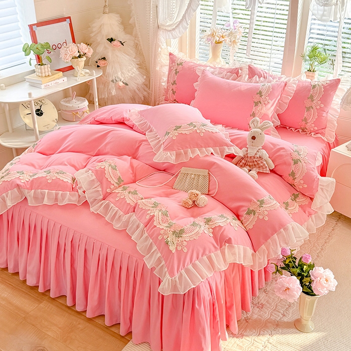 91家纺网 家纺一手货源 找家纺 后庭寝室 2026新款水溶花边床裙四件套-爱恋系列 爱恋-粉