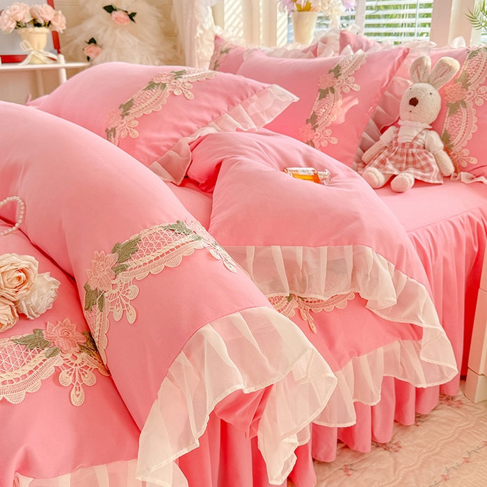 91家纺网 家纺一手货源 找家纺 后庭寝室 2026新款水溶花边床裙四件套-爱恋系列 爱恋-粉