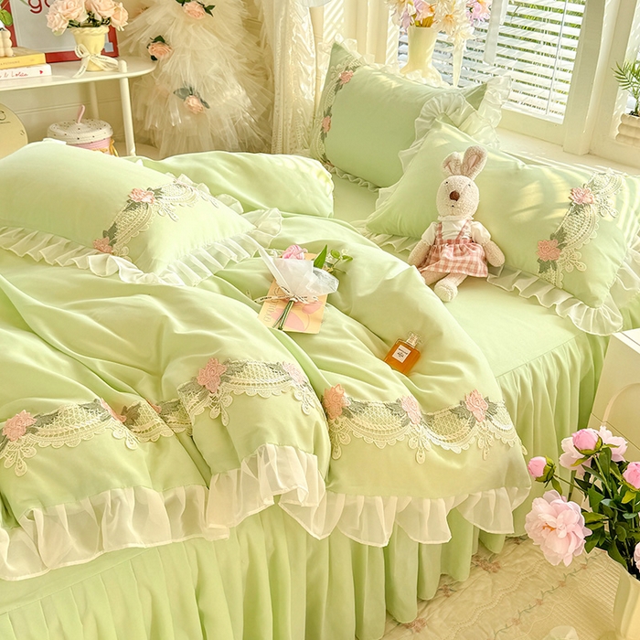 91家纺网 家纺一手货源 找家纺 后庭寝室 2026新款水溶花边床裙四件套-爱恋系列 爱恋-绿