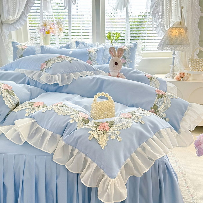 91家纺网 家纺一手货源 找家纺 后庭寝室 2026新款水溶花边床裙四件套-爱恋系列 爱恋-蓝