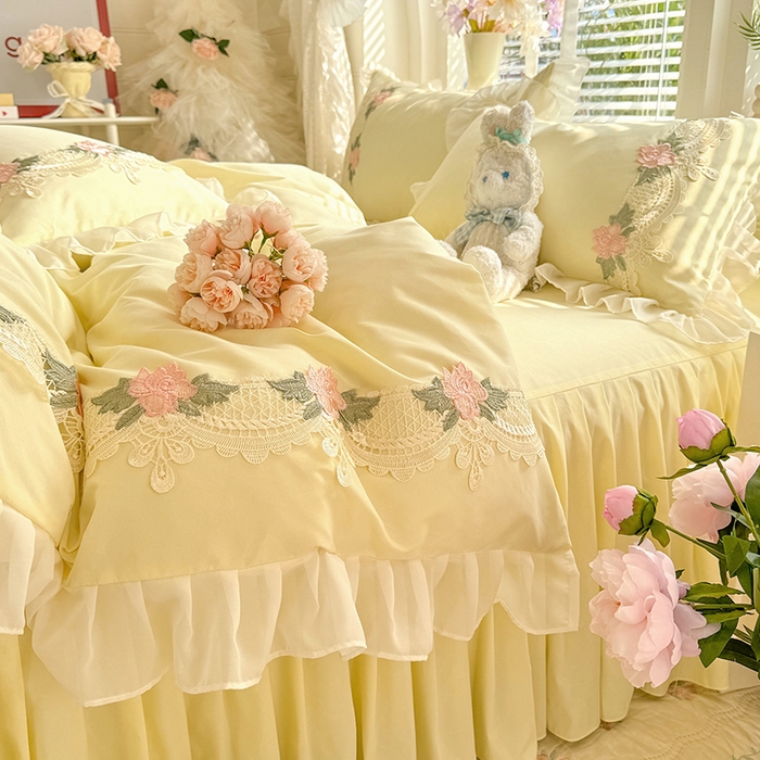 91家纺网 家纺一手货源 找家纺 后庭寝室 2026新款水溶花边床裙四件套-爱恋系列 爱恋-米