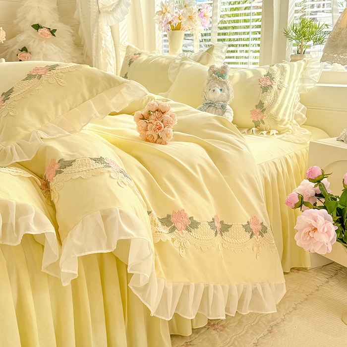 91家纺网 家纺一手货源 找家纺 后庭寝室 2026新款水溶花边床裙四件套-爱恋系列 爱恋-米