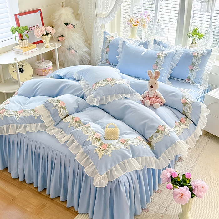 91家纺网 家纺一手货源 找家纺 后庭寝室 2026新款水溶花边床裙四件套-爱恋系列 爱恋-蓝