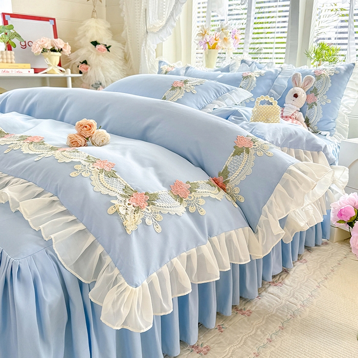 91家纺网 家纺一手货源 找家纺 后庭寝室 2026新款水溶花边床裙四件套-爱恋系列 爱恋-蓝