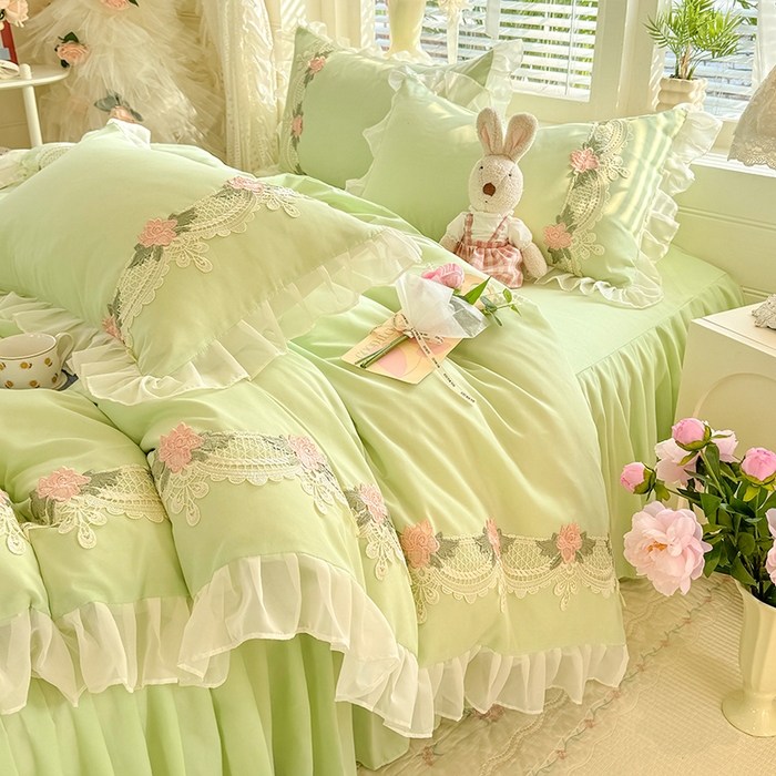 91家纺网 家纺一手货源 找家纺 后庭寝室 2026新款水溶花边床裙四件套-爱恋系列 爱恋-绿