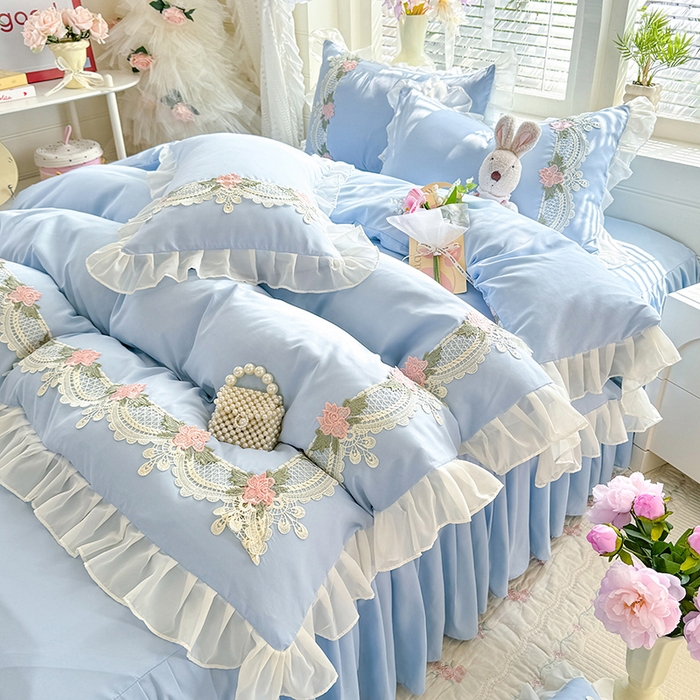 91家纺网 家纺一手货源 找家纺 后庭寝室 2026新款水溶花边床裙四件套-爱恋系列 爱恋-蓝