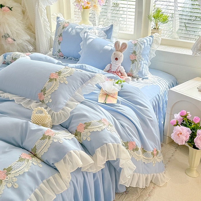 91家纺网 家纺一手货源 找家纺 后庭寝室 2026新款水溶花边床裙四件套-爱恋系列 爱恋-蓝