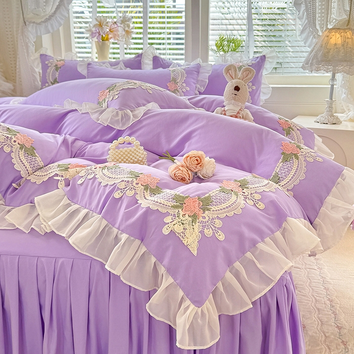 91家纺网 家纺一手货源 找家纺 后庭寝室 2026新款水溶花边床裙四件套-爱恋系列 爱恋-紫