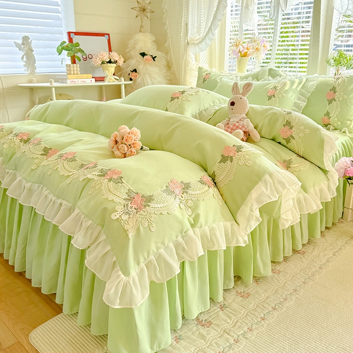 91家纺网 家纺一手货源 找家纺 后庭寝室 2026新款水溶花边床裙四件套-爱恋系列 爱恋-绿