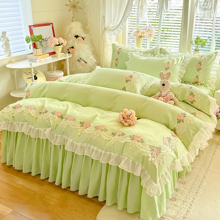 91家纺网 家纺一手货源 找家纺 后庭寝室 2026新款水溶花边床裙四件套-爱恋系列 爱恋-绿