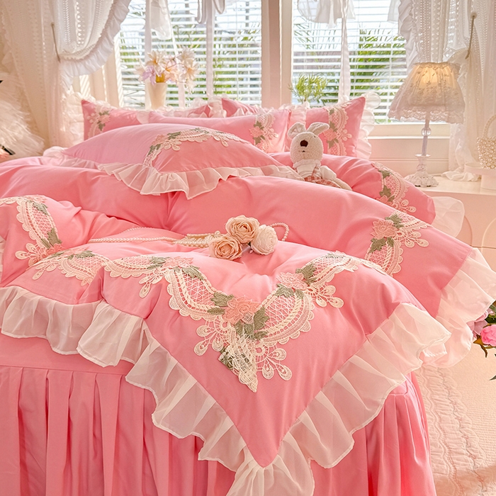 91家纺网 家纺一手货源 找家纺 后庭寝室 2026新款水溶花边床裙四件套-爱恋系列 爱恋-粉