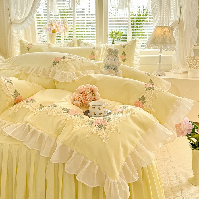 91家纺网 家纺一手货源 找家纺 后庭寝室 2026新款水溶花边床裙四件套-爱恋系列 爱恋-米