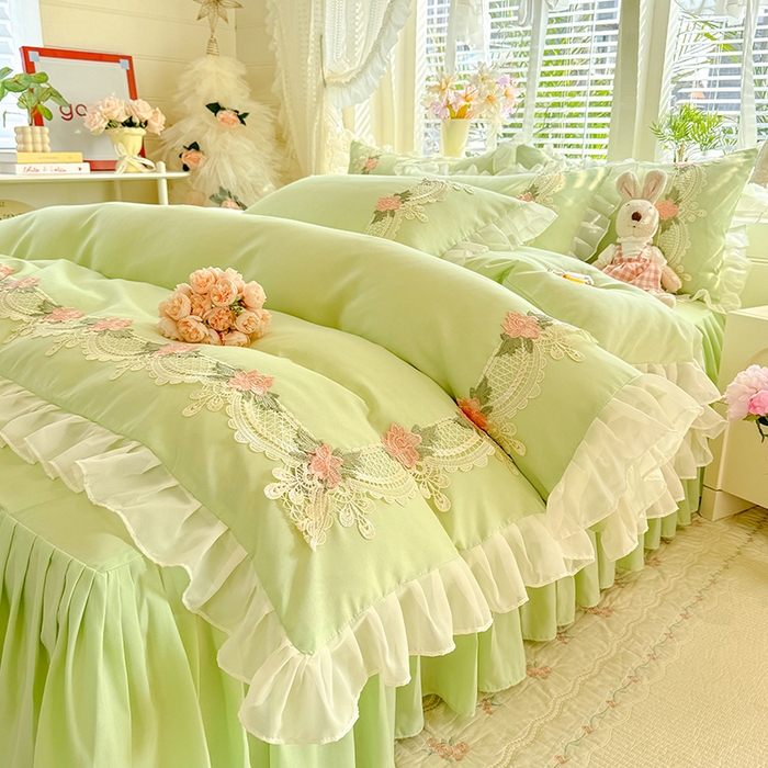 91家纺网 家纺一手货源 找家纺 后庭寝室 2026新款水溶花边床裙四件套-爱恋系列 爱恋-绿