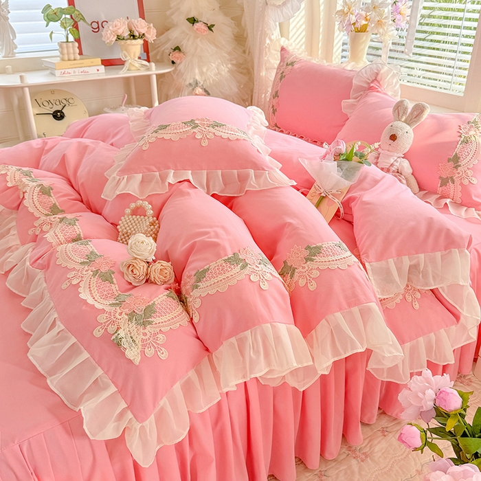 91家纺网 家纺一手货源 找家纺 后庭寝室 2026新款水溶花边床裙四件套-爱恋系列 爱恋-粉