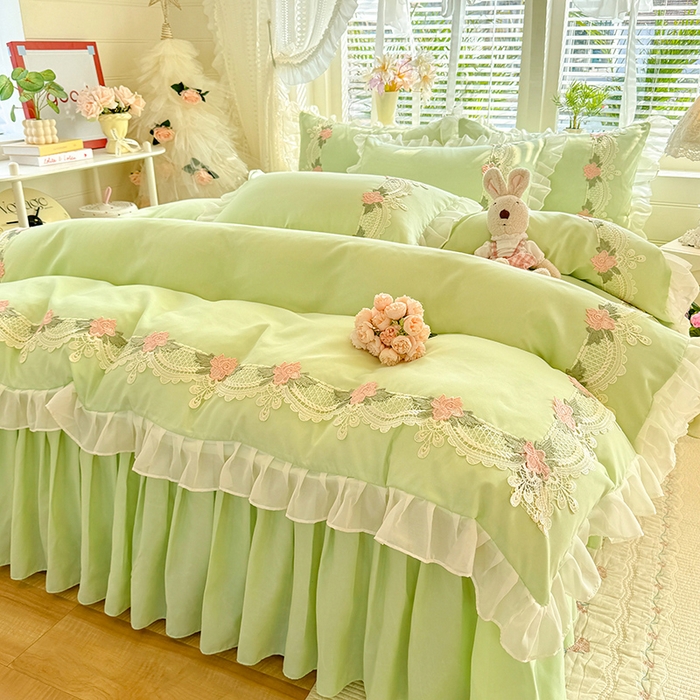 91家纺网 家纺一手货源 找家纺 后庭寝室 2026新款水溶花边床裙四件套-爱恋系列 爱恋-绿