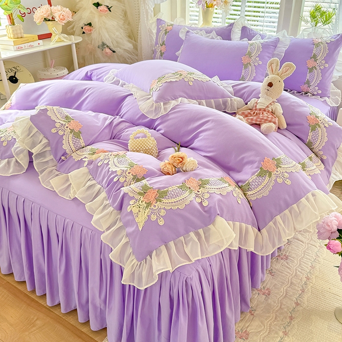 91家纺网 家纺一手货源 找家纺 后庭寝室 2026新款水溶花边床裙四件套-爱恋系列 爱恋-紫