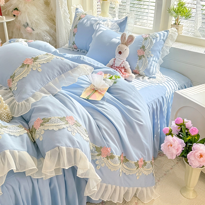 91家纺网 家纺一手货源 找家纺 后庭寝室 2026新款水溶花边床裙四件套-爱恋系列 爱恋-蓝