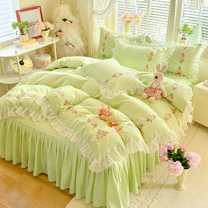 91家纺网 家纺一手货源 找家纺 后庭寝室 2026新款水溶花边床裙四件套-爱恋系列 爱恋-绿