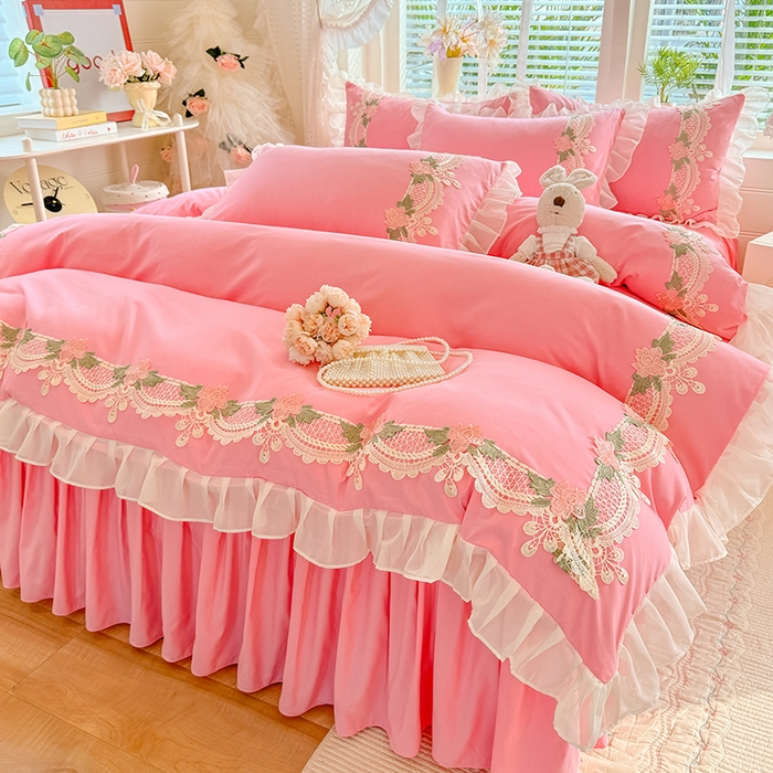 91家纺网 家纺一手货源 找家纺 后庭寝室 2026新款水溶花边床裙四件套-爱恋系列 爱恋-粉