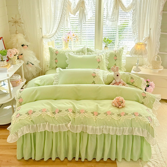 91家纺网 家纺一手货源 找家纺 后庭寝室 2026新款水溶花边床裙四件套-爱恋系列 爱恋-绿