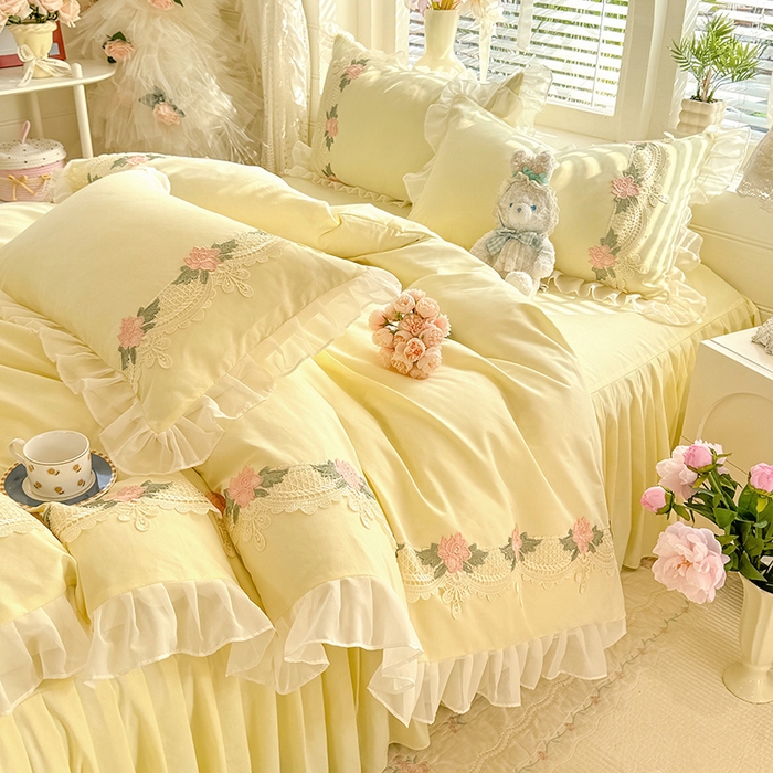 91家纺网 家纺一手货源 找家纺 后庭寝室 2026新款水溶花边床裙四件套-爱恋系列 爱恋-米