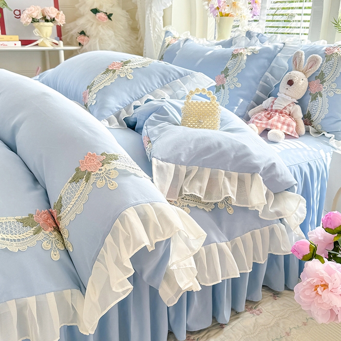 91家纺网 家纺一手货源 找家纺 后庭寝室 2026新款水溶花边床裙四件套-爱恋系列 爱恋-蓝