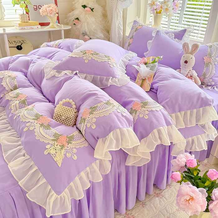 91家纺网 家纺一手货源 找家纺 后庭寝室 2026新款水溶花边床裙四件套-爱恋系列 爱恋-紫