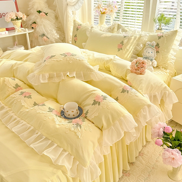 91家纺网 家纺一手货源 找家纺 后庭寝室 2026新款水溶花边床裙四件套-爱恋系列 爱恋-米