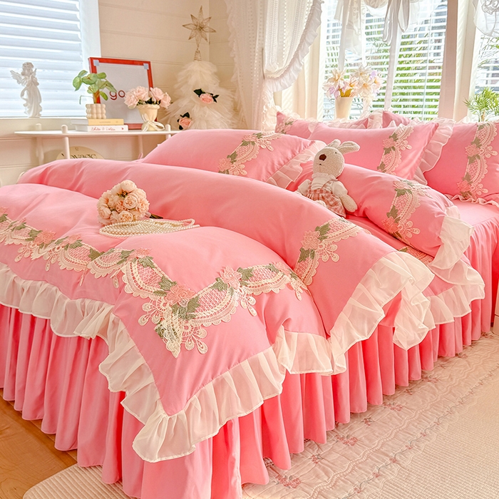 91家纺网 家纺一手货源 找家纺 后庭寝室 2026新款水溶花边床裙四件套-爱恋系列 爱恋-粉