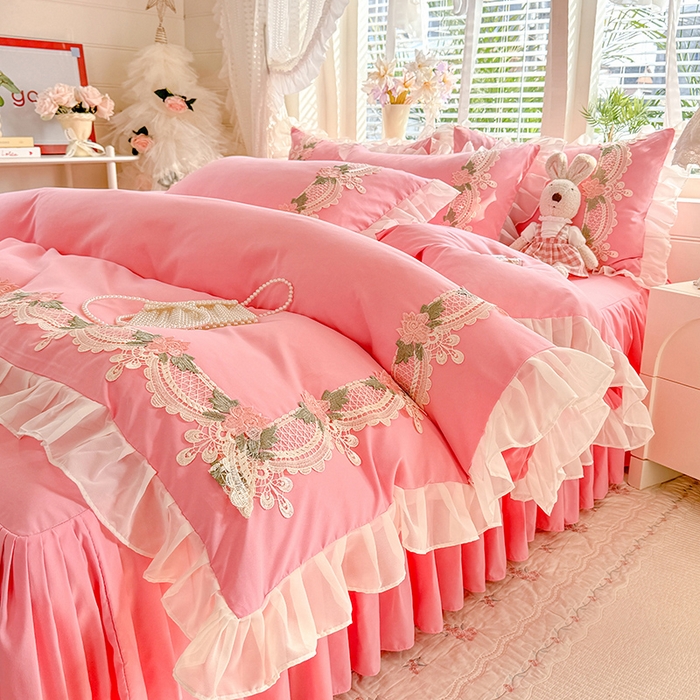 91家纺网 家纺一手货源 找家纺 后庭寝室 2026新款水溶花边床裙四件套-爱恋系列 爱恋-粉