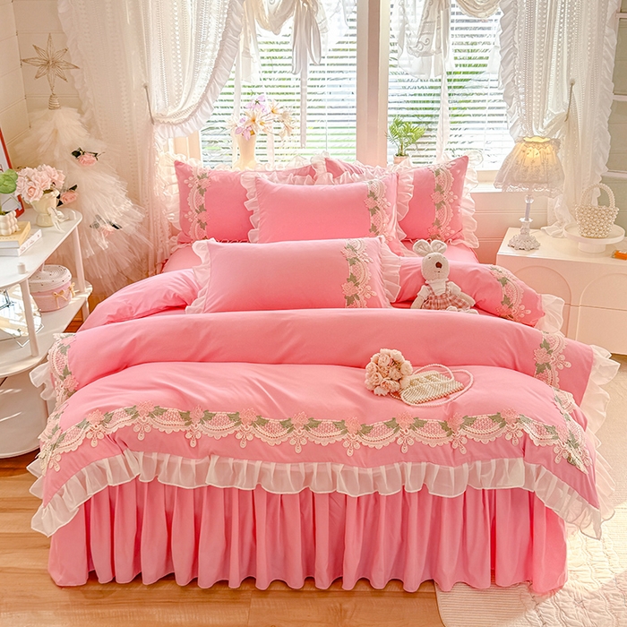 91家纺网 家纺一手货源 找家纺 后庭寝室 2026新款水溶花边床裙四件套-爱恋系列 爱恋-粉