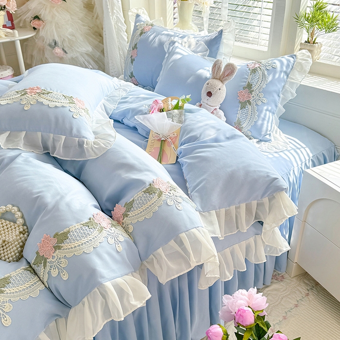 91家纺网 家纺一手货源 找家纺 后庭寝室 2026新款水溶花边床裙四件套-爱恋系列 爱恋-蓝