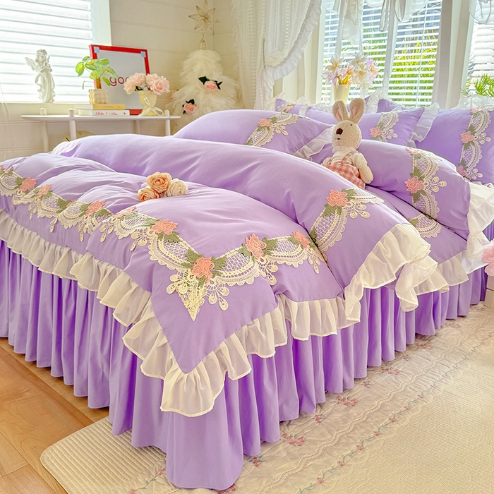 91家纺网 家纺一手货源 找家纺 后庭寝室 2026新款水溶花边床裙四件套-爱恋系列 爱恋-紫