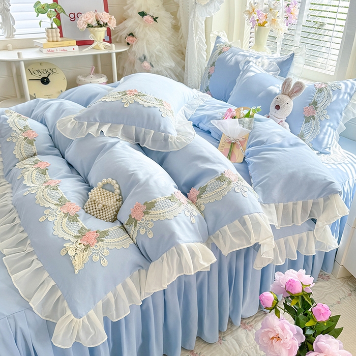 后庭寝室 2026新款水溶花边床裙四件套-爱恋系列 爱恋-蓝