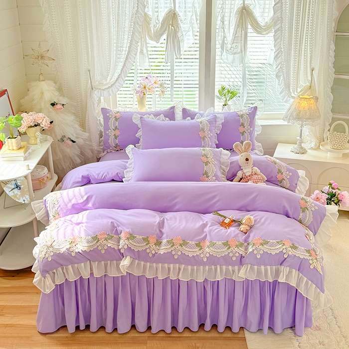 91家纺网 家纺一手货源 找家纺 后庭寝室 2026新款水溶花边床裙四件套-爱恋系列 爱恋-紫