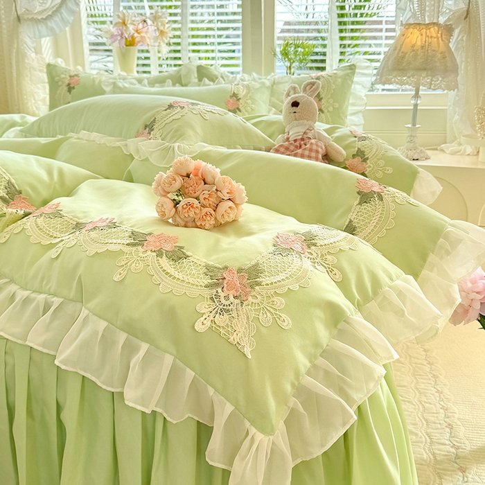 91家纺网 家纺一手货源 找家纺 后庭寝室 2026新款水溶花边床裙四件套-爱恋系列 爱恋-绿