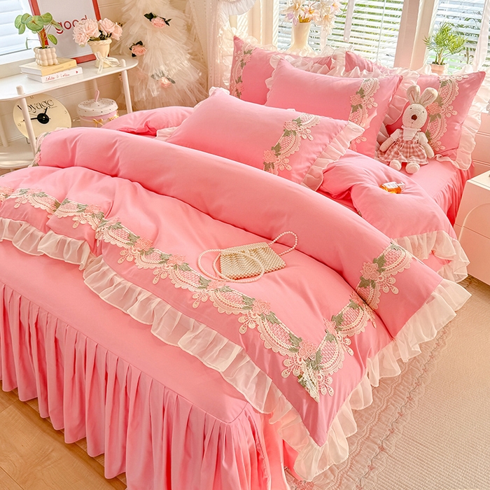 91家纺网 家纺一手货源 找家纺 后庭寝室 2026新款水溶花边床裙四件套-爱恋系列 爱恋-粉