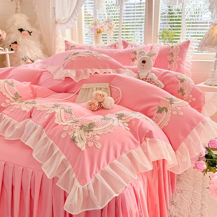 91家纺网 家纺一手货源 找家纺 后庭寝室 2026新款水溶花边床裙四件套-爱恋系列 爱恋-粉