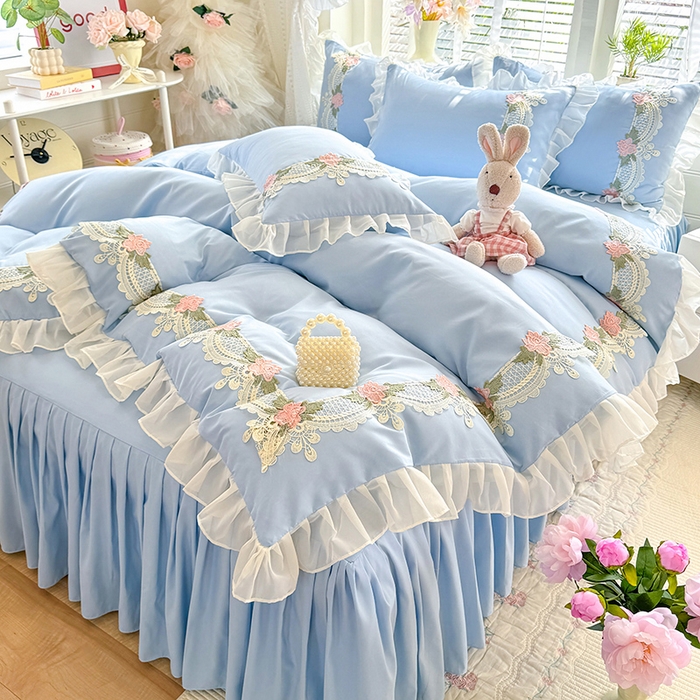 91家纺网 家纺一手货源 找家纺 后庭寝室 2026新款水溶花边床裙四件套-爱恋系列 爱恋-蓝