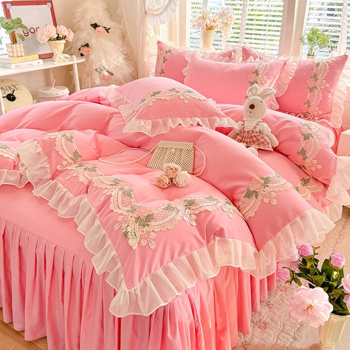 91家纺网 家纺一手货源 找家纺 后庭寝室 2026新款水溶花边床裙四件套-爱恋系列 爱恋-粉