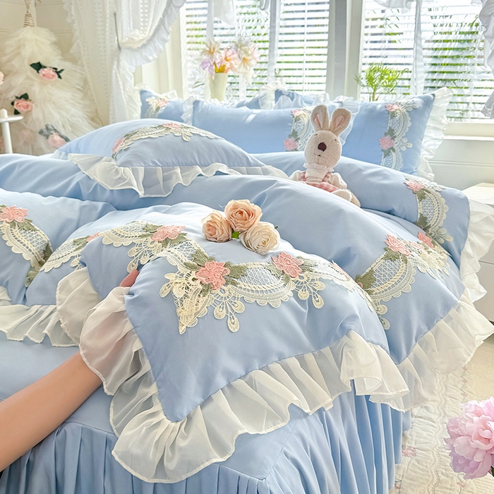 91家纺网 家纺一手货源 找家纺 后庭寝室 2026新款水溶花边床裙四件套-爱恋系列 爱恋-蓝