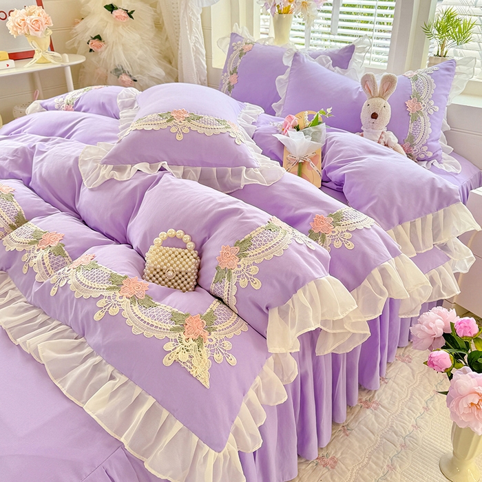 91家纺网 家纺一手货源 找家纺 后庭寝室 2026新款水溶花边床裙四件套-爱恋系列 爱恋-紫