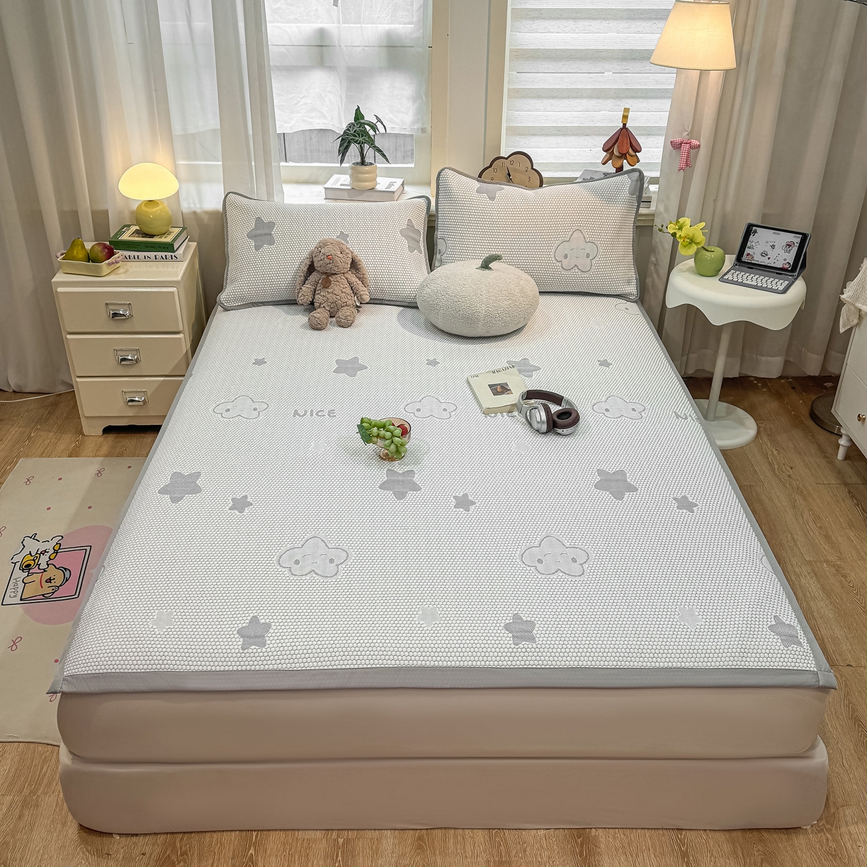 91家纺网 家纺一手货源 找家纺 眠势力 2026新款冰豆豆凉席三件套夏季冷感可机洗冰丝席软席子条席款 云朵-灰