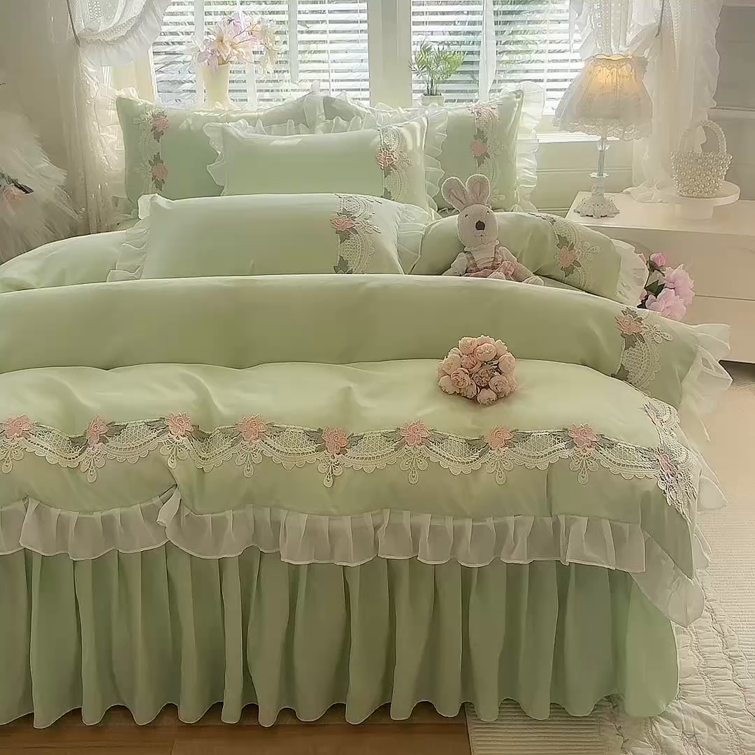 91家纺网 家纺一手货源 找家纺 后庭寝室 2026新款水溶花边床裙四件套-爱恋系列 爱恋-绿